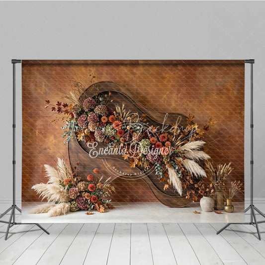 Lofaris Rustic Autumn Floral Photography Backdrop with Pampas Grass and Textured Wall Elegant Fall Season Decor