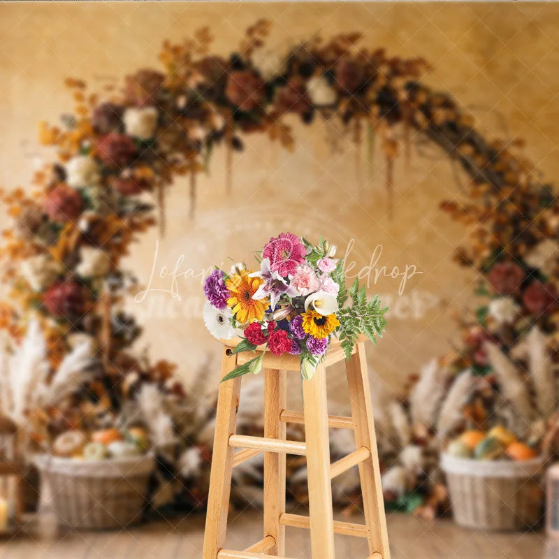 Lofaris Rustic Autumn Foliage Arch Photography Backdrop with Pampas Grass Pumpkins and Lanterns for Fall Decor