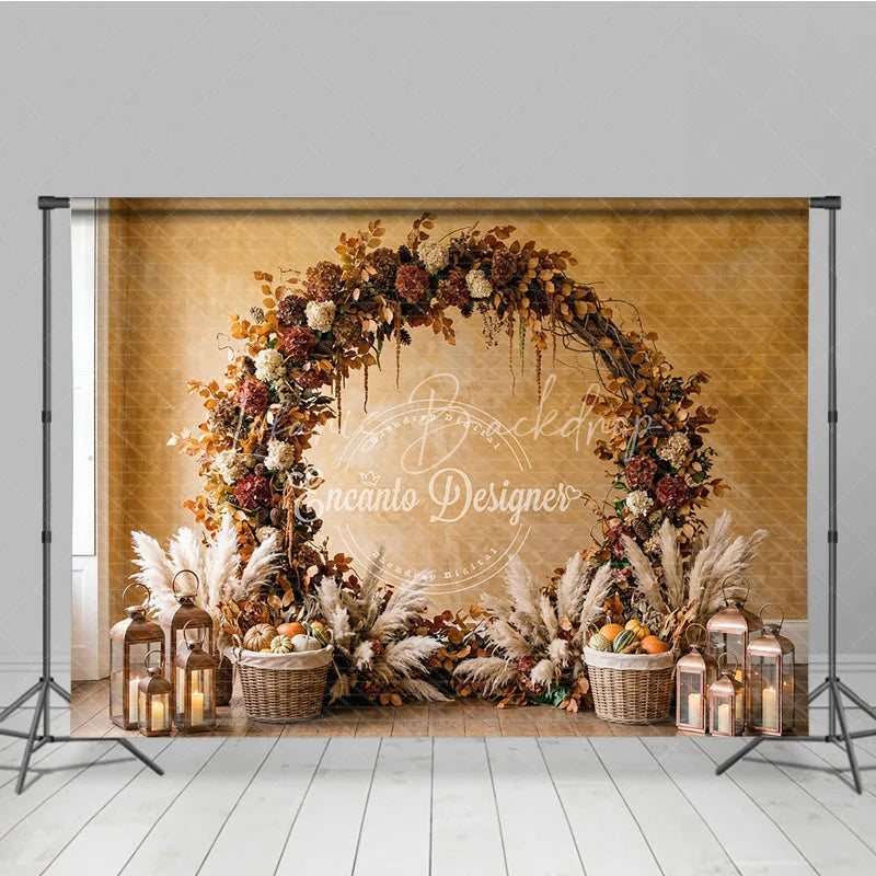 Lofaris Rustic Autumn Foliage Arch Photography Backdrop with Pampas Grass Pumpkins and Lanterns for Fall Decor
