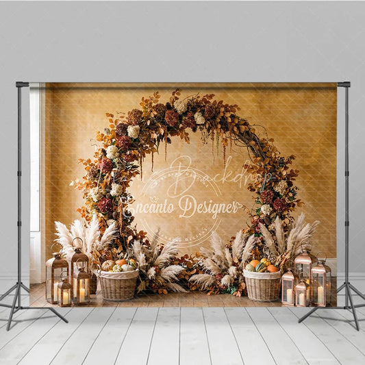 Lofaris Rustic Autumn Foliage Arch Photography Backdrop with Pampas Grass Pumpkins and Lanterns for Fall Decor