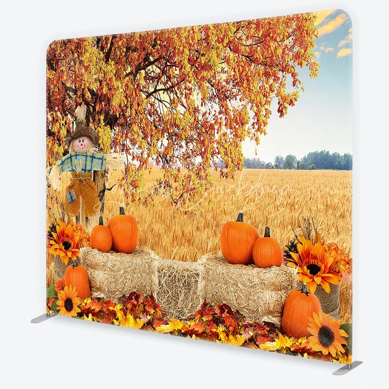 Lofaris Rustic Autumn Harvest Square Double-Sided Backdrop with Scarecrow Pumpkins and Golden Wheat Field for Fall Decor