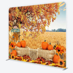 Lofaris Rustic Autumn Harvest Square Double-Sided Backdrop with Scarecrow Pumpkins and Golden Wheat Field for Fall Decor