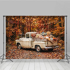Lofaris Rustic Autumn Harvest Vintage Truck Photography Backdrop with Pumpkins Fall Leaves and String Lights