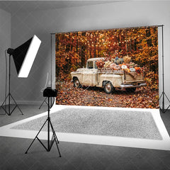 Lofaris Rustic Autumn Harvest Vintage Truck Photography Backdrop with Pumpkins Fall Leaves and String Lights