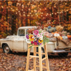 Lofaris Rustic Autumn Harvest Vintage Truck Photography Backdrop with Pumpkins Fall Leaves and String Lights
