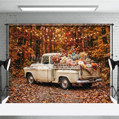 Lofaris Rustic Autumn Harvest Vintage Truck Photography Backdrop with Pumpkins Fall Leaves and String Lights