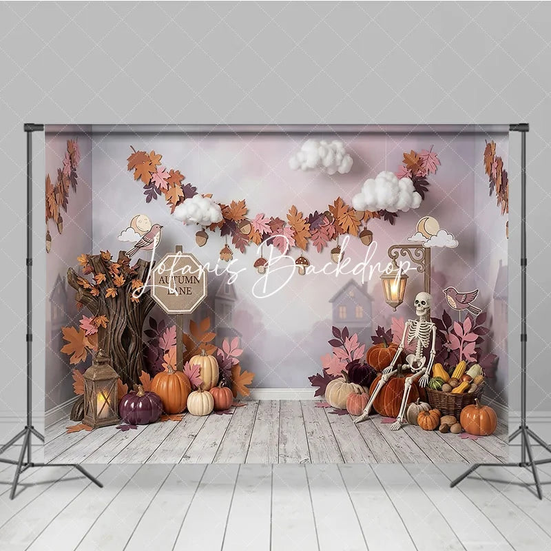 Lofaris Rustic Autumn Lane Photography Backdrop with Pumpkins Skeleton and Fall Leaves Ideal for Halloween Party Decor
