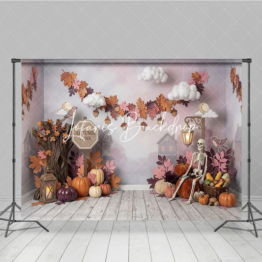 Lofaris Rustic Autumn Lane Photography Backdrop with Pumpkins Skeleton and Fall Leaves Ideal for Halloween Party Decor