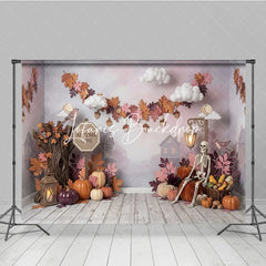 Lofaris Rustic Autumn Lane Photography Backdrop with Pumpkins Skeleton and Fall Leaves Ideal for Halloween Party Decor