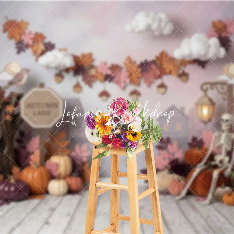 Lofaris Rustic Autumn Lane Photography Backdrop with Pumpkins Skeleton and Fall Leaves Ideal for Halloween Party Decor