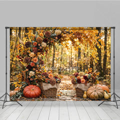 Lofaris Rustic Autumn Leaves and Floral Arch Photography Backdrop with Pumpkins Baskets Fall Harvest Decor