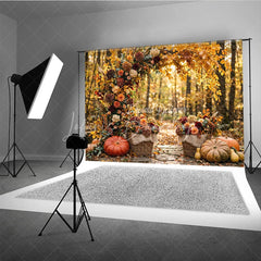 Lofaris Rustic Autumn Leaves and Floral Arch Photography Backdrop with Pumpkins Baskets Fall Harvest Decor