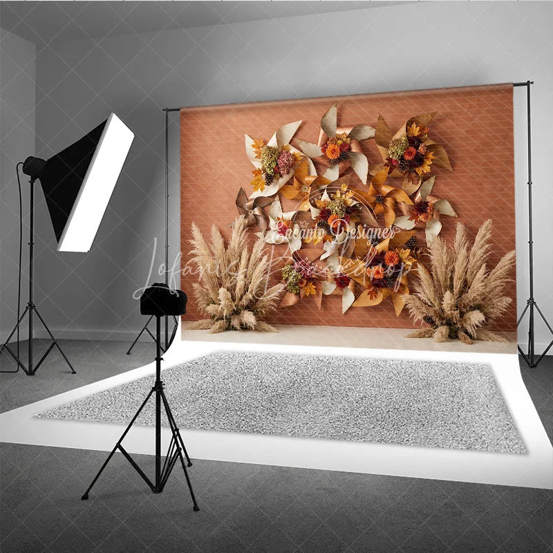 Lofaris Rustic Autumn Leaves and Pampas Grass Photography Backdrop Fall Pinwheel Harvest Celebration Decor
