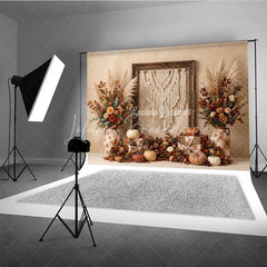 Lofaris Rustic Autumn Photography Backdrop with Macrame Wall Hanging Fall Floral Arrangements and Pumpkins