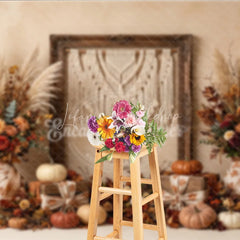 Lofaris Rustic Autumn Photography Backdrop with Macrame Wall Hanging Fall Floral Arrangements and Pumpkins