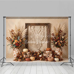 Lofaris Rustic Autumn Photography Backdrop with Macrame Wall Hanging Fall Floral Arrangements and Pumpkins