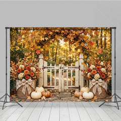 Lofaris Rustic Autumn Photography Backdrop with Maple Leaf Arch White Gate Pumpkins and Fall Floral Decor