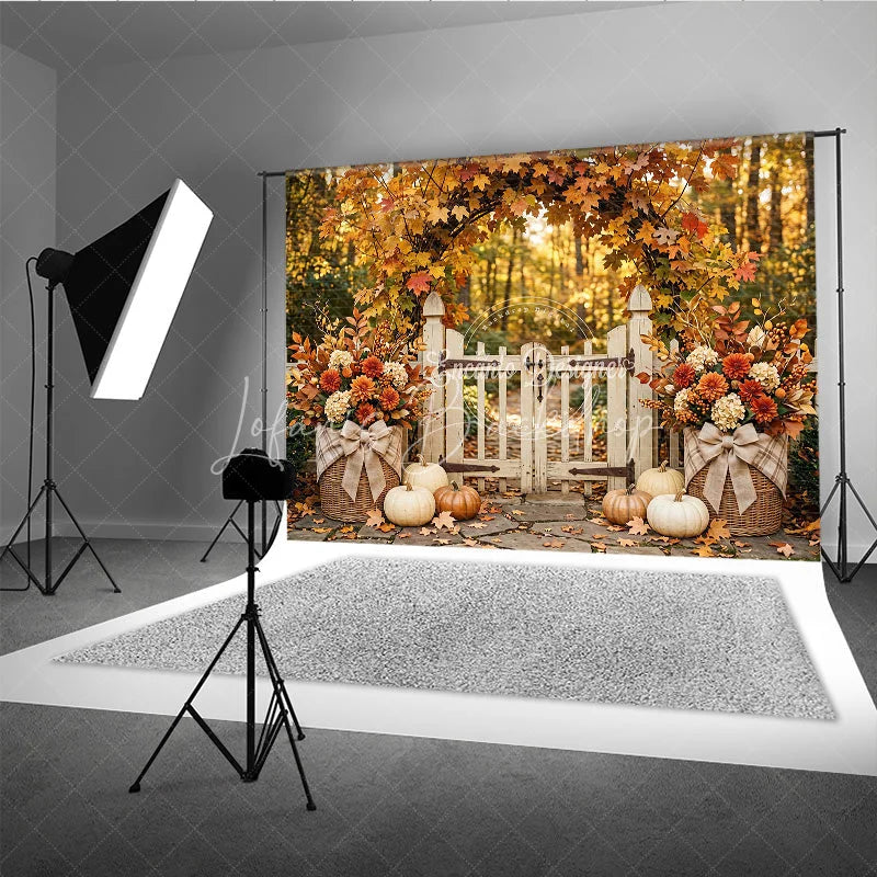 Lofaris Rustic Autumn Photography Backdrop with Maple Leaf Arch White Gate Pumpkins and Fall Floral Decor