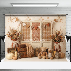 Lofaris Rustic Autumn Photography Backdrop with Plaid Screen Vintage Suitcases Pumpkins and Teddy Bears for Fall Portraits