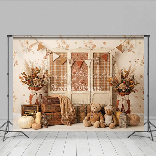Lofaris Rustic Autumn Photography Backdrop with Plaid Screen Vintage Suitcases Pumpkins and Teddy Bears for Fall Portraits