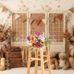 Lofaris Rustic Autumn Photography Backdrop with Plaid Screen Vintage Suitcases Pumpkins and Teddy Bears for Fall Portraits