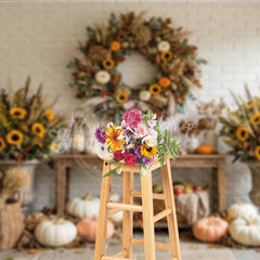 Lofaris Rustic Autumn Photography Backdrop with Sunflowers Pumpkins and a Festive Fall Wreath White Brick Wall Decor
