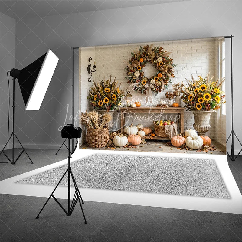 Lofaris Rustic Autumn Photography Backdrop with Sunflowers Pumpkins and a Festive Fall Wreath White Brick Wall Decor