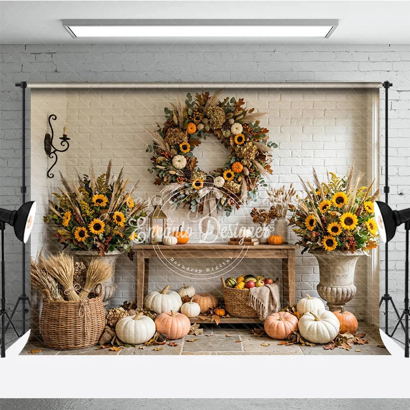 Lofaris Rustic Autumn Photography Backdrop with Sunflowers Pumpkins and a Festive Fall Wreath White Brick Wall Decor