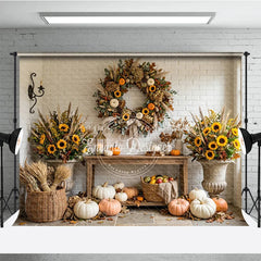 Lofaris Rustic Autumn Photography Backdrop with Sunflowers Pumpkins and a Festive Fall Wreath White Brick Wall Decor