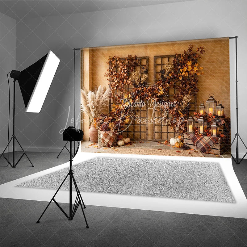 Lofaris Rustic Autumn Photography Backdrop with Vibrant Fall Foliage Pampas Grass and Cozy Lanterns Harvest Decor