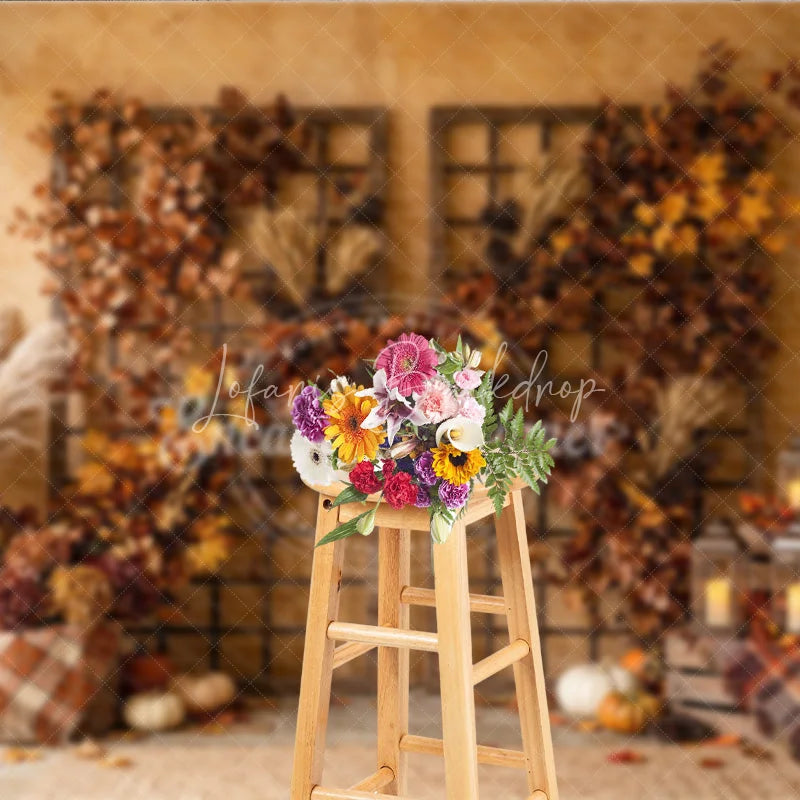 Lofaris Rustic Autumn Photography Backdrop with Vibrant Fall Foliage Pampas Grass and Cozy Lanterns Harvest Decor