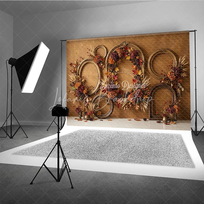 Lofaris Rustic Autumn Photography Backdrop with Vintage Golden Frames Fall Leaves Pinecones and Wheat for Seasonal Portraits