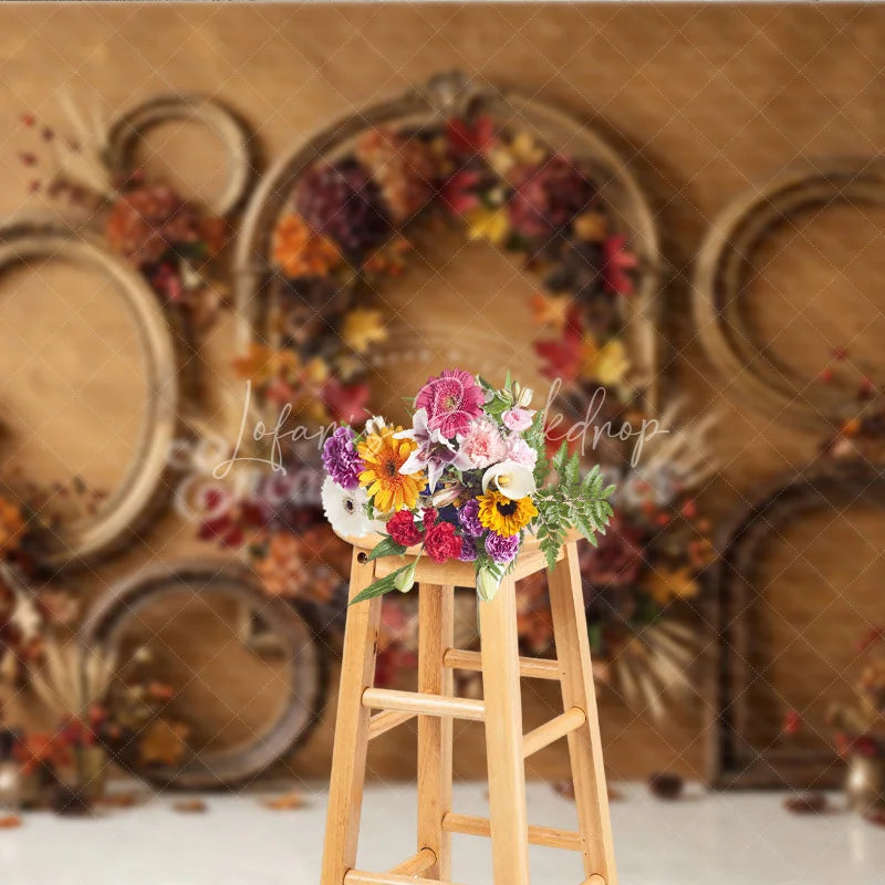 Lofaris Rustic Autumn Photography Backdrop with Vintage Golden Frames Fall Leaves Pinecones and Wheat for Seasonal Portraits