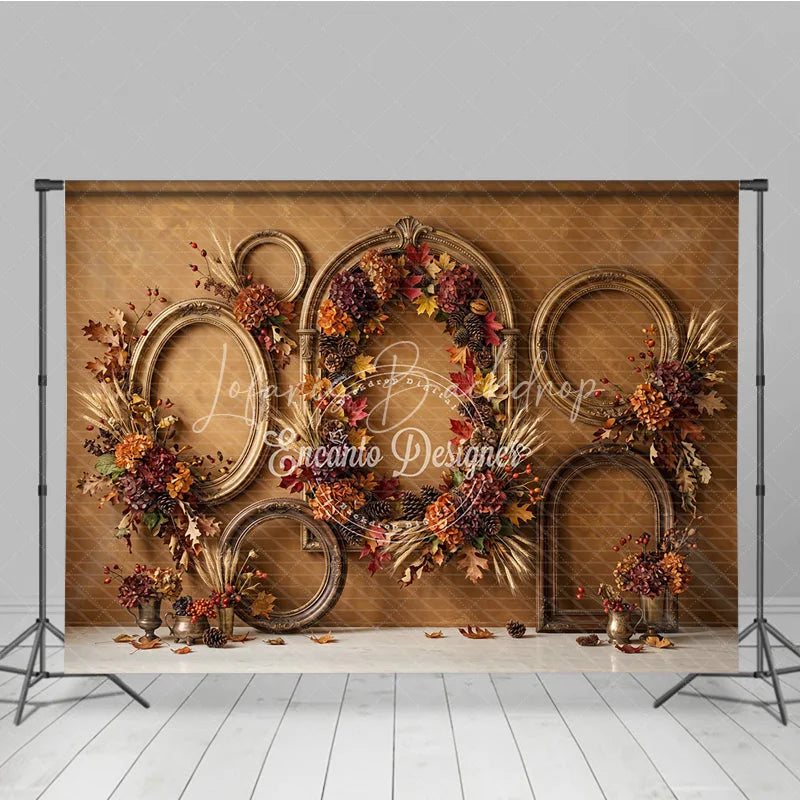 Lofaris Rustic Autumn Photography Backdrop with Vintage Golden Frames Fall Leaves Pinecones and Wheat for Seasonal Portraits