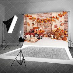Lofaris Rustic Autumn Red Truck and Pumpkins Photography Backdrop with Brick Wall Maple Leaves Fall Harvest Seasonal Decor
