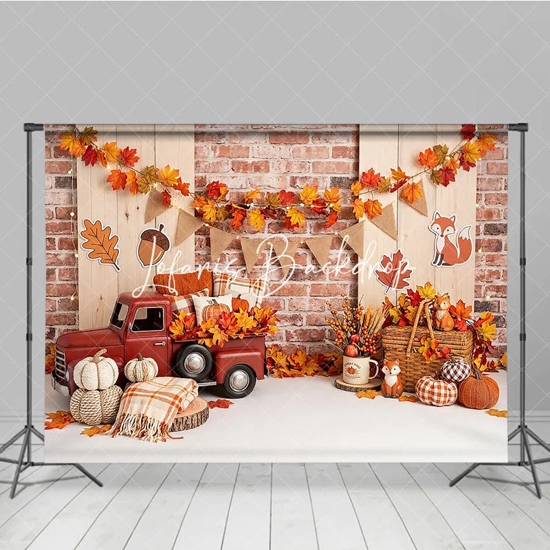 Lofaris Rustic Autumn Red Truck and Pumpkins Photography Backdrop with Brick Wall Maple Leaves Fall Harvest Seasonal Decor