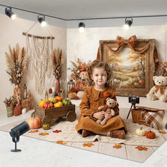 Lofaris Rustic Autumn Room Set Backdrop with Fall Landscape Painting Teddy Bears and Pumpkins for Thanksgiving Photoshoot