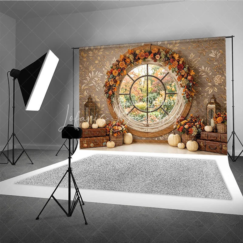 Lofaris Rustic Autumn Round Window Photography Backdrop with Fall Garland Pumpkins and Vintage Suitcases for Photoshoots