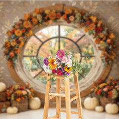 Lofaris Rustic Autumn Round Window Photography Backdrop with Fall Garland Pumpkins and Vintage Suitcases for Photoshoots