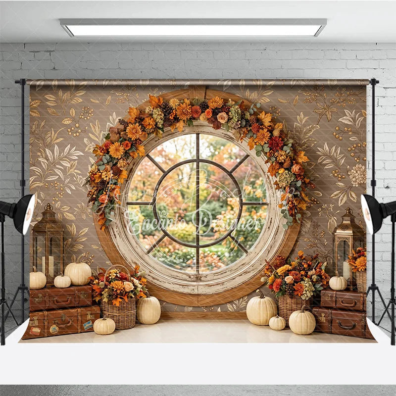 Lofaris Rustic Autumn Round Window Photography Backdrop with Fall Garland Pumpkins and Vintage Suitcases for Photoshoots