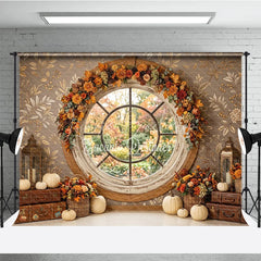 Lofaris Rustic Autumn Round Window Photography Backdrop with Fall Garland Pumpkins and Vintage Suitcases for Photoshoots