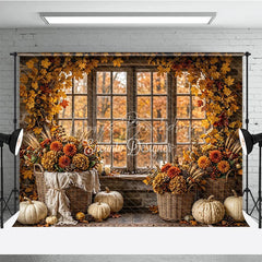 Lofaris Rustic Autumn Window Photography Backdrop with Golden Leaves and Pumpkins Fall Harvest Decor