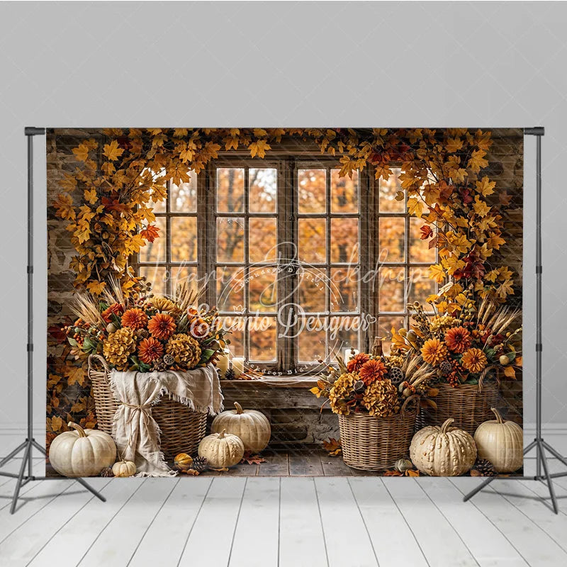 Lofaris Rustic Autumn Window Photography Backdrop with Golden Leaves and Pumpkins Fall Harvest Decor