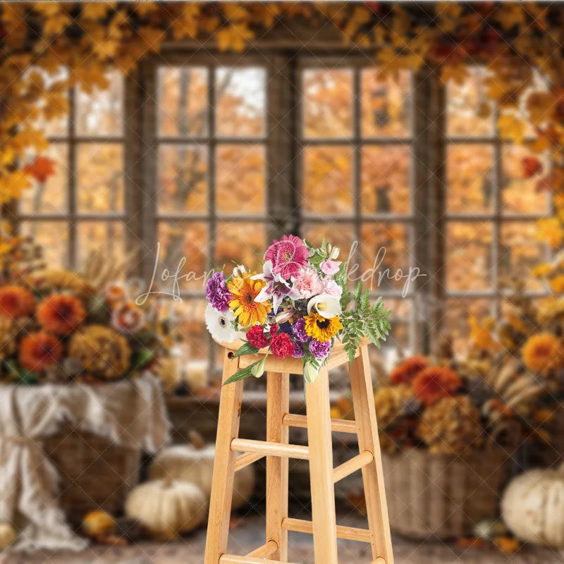 Lofaris Rustic Autumn Window Photography Backdrop with Golden Leaves and Pumpkins Fall Harvest Decor