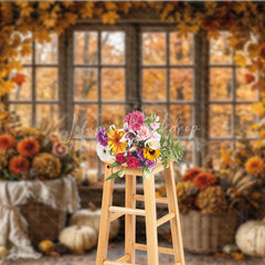 Lofaris Rustic Autumn Window Photography Backdrop with Golden Leaves and Pumpkins Fall Harvest Decor