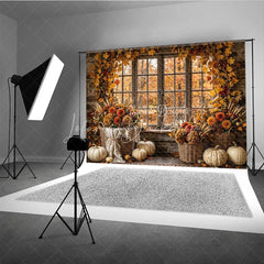 Lofaris Rustic Autumn Window Photography Backdrop with Golden Leaves and Pumpkins Fall Harvest Decor