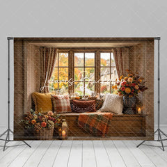 Lofaris Rustic Autumn Window Seat Photography Backdrop Fall Foliage and Pumpkins with Cozy Plaid Decor for Seasonal Portraits