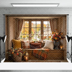 Lofaris Rustic Autumn Window Seat Photography Backdrop Fall Foliage and Pumpkins with Cozy Plaid Decor for Seasonal Portraits
