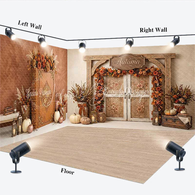 Lofaris Rustic Autumn Wooden Door and Fall Foliage Room Set Backdrop Cozy Harvest Festival Photography Decor