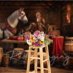 Lofaris Rustic Barn Christmas Backdrop White Horses Drums Gifts Stable Interior Photo Background